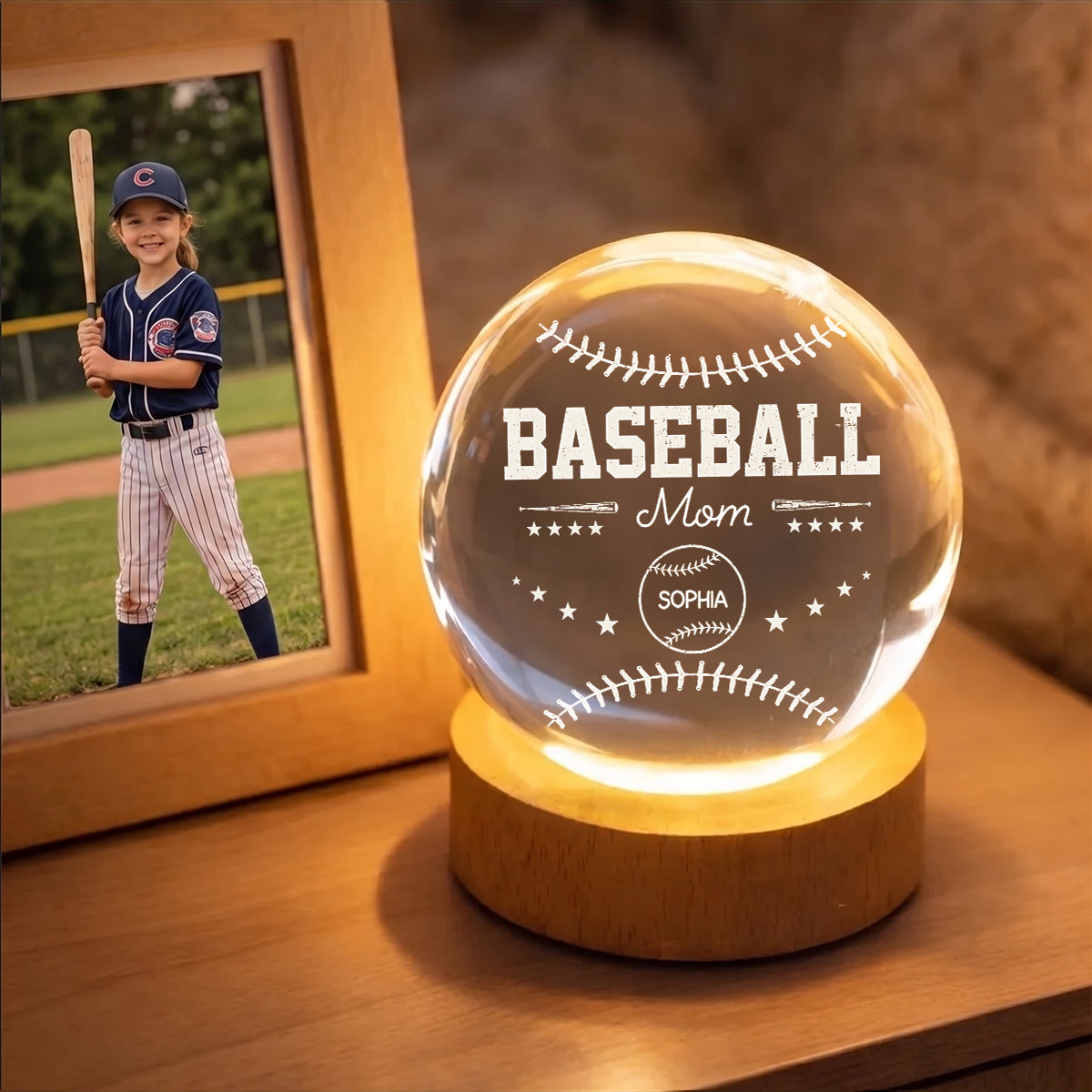 Baseball Mom And Kids Together - Personalized Crystal Ball LED Night Light - Mother's Day Gift For Baseball Mom, Gift For Wife