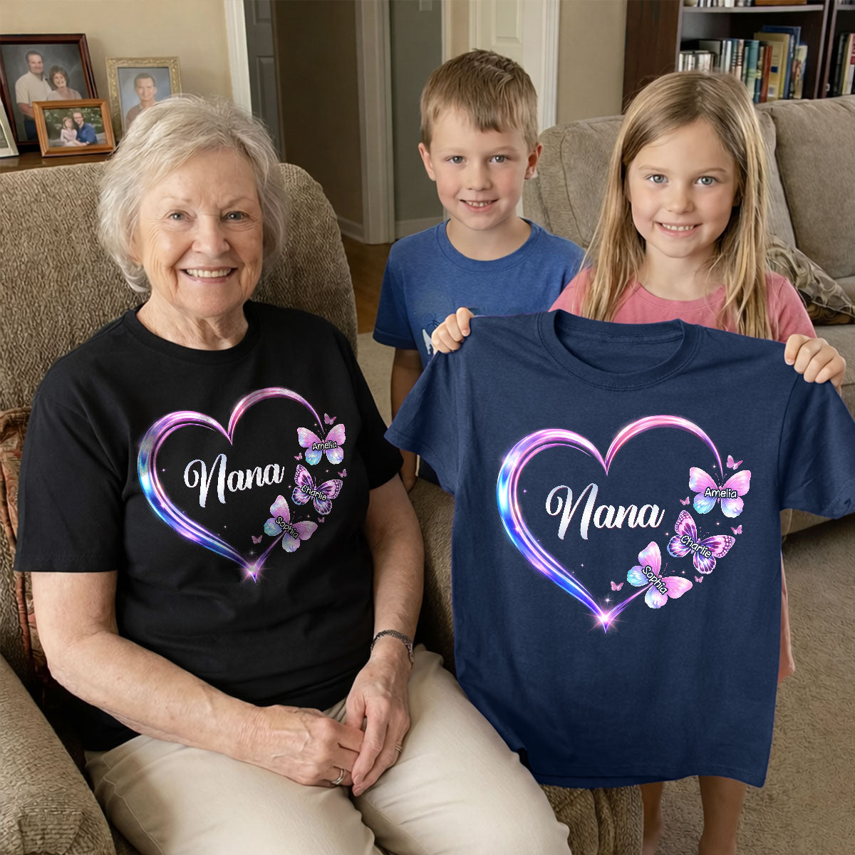 Grandma Mom Butterfly Heart with Kids' Names - Personalized Shirt - Sentimental Gift for Grandma, Mom
