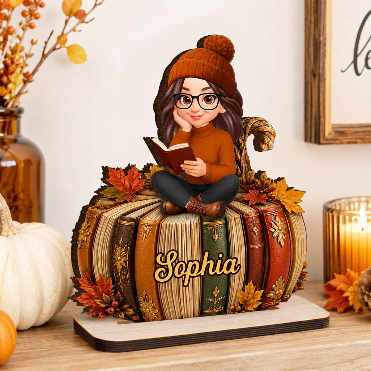 Fall Season Pumpkin Books - Personalized 2-Layered Wooden Plaque - Fall Gift For Book Lovers, Girl, Daughters