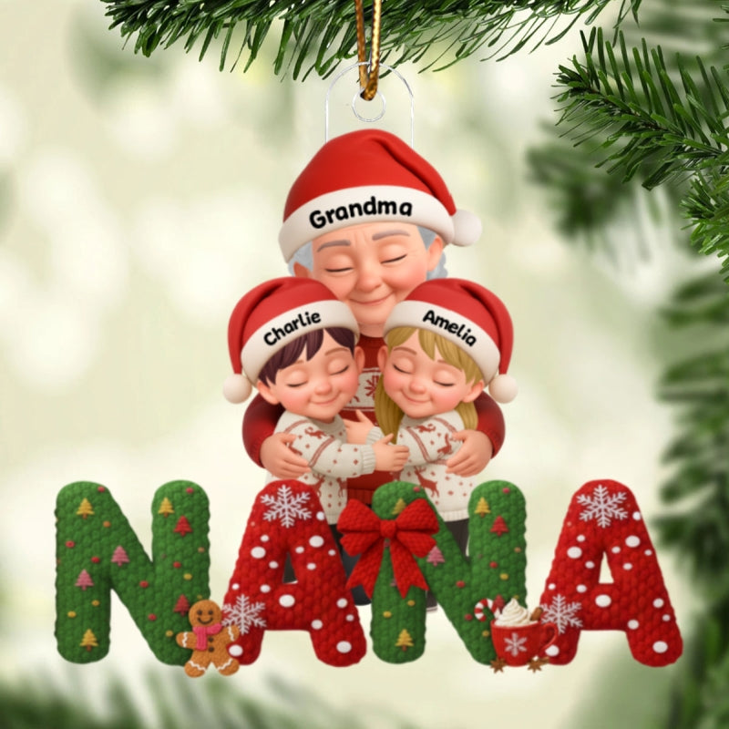 Grandma Hugging Grandkid Latch Hook Yarn Faux - Personalized Acrylic Ornament - Heartfelt Christmas Gift for Grandma, Grandkids