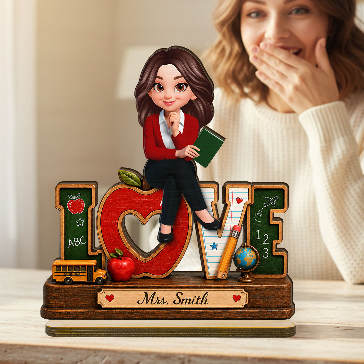 Love Pretty Teacher - Personalized 2-Layered Wooden Plaque - Back To School Gift For Teacher, Office Decor