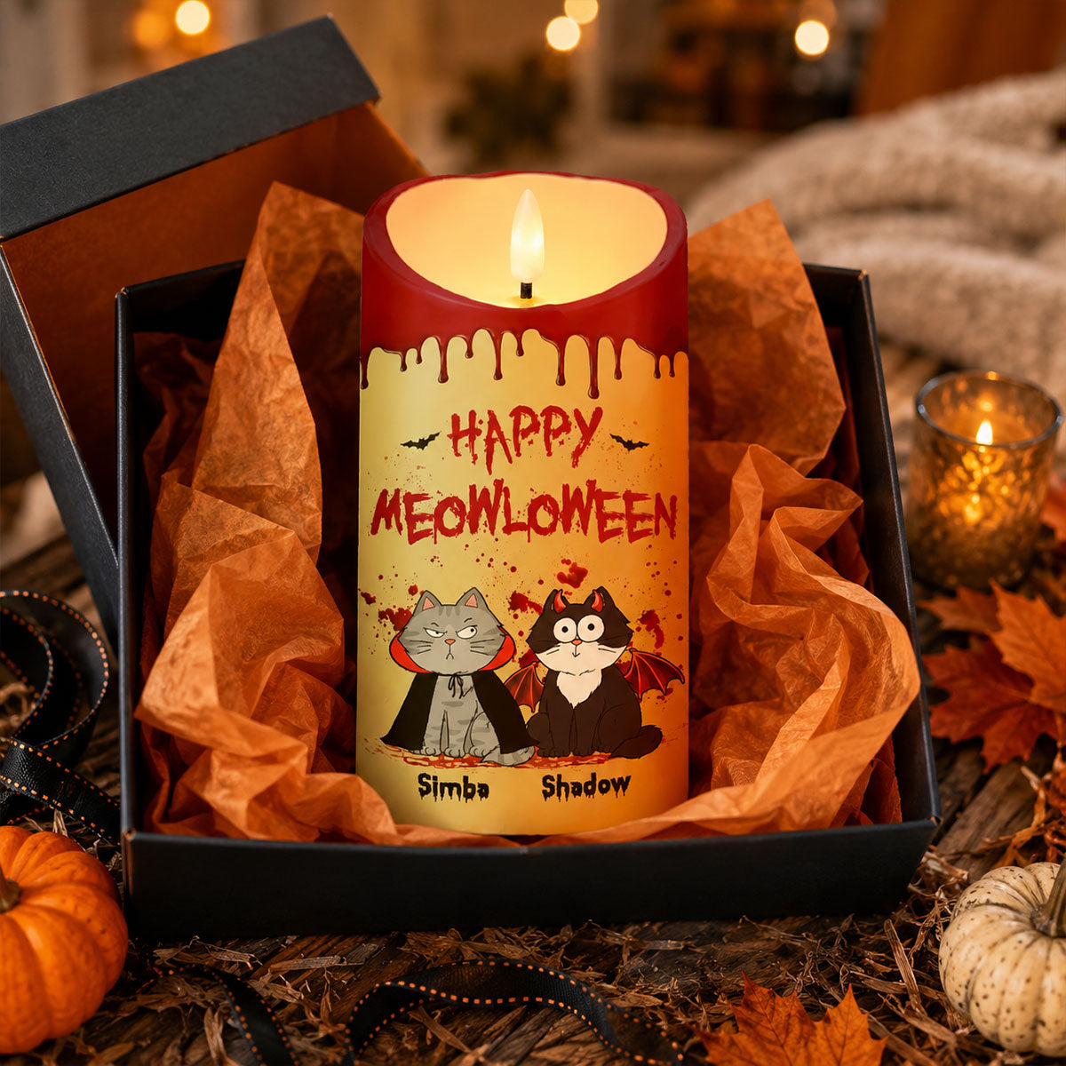 Cat Mom Happy Meowloween Blood Drip - Personalized LED Candle - Purrfect Halloween Decor for Cat Lover