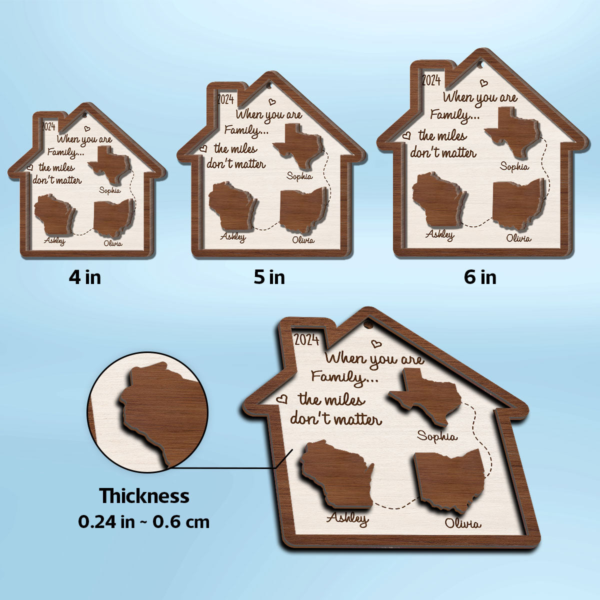 Long Distance Family State Maps Personalized 2-Layer Wooden Ornament, Togetherness Ornament