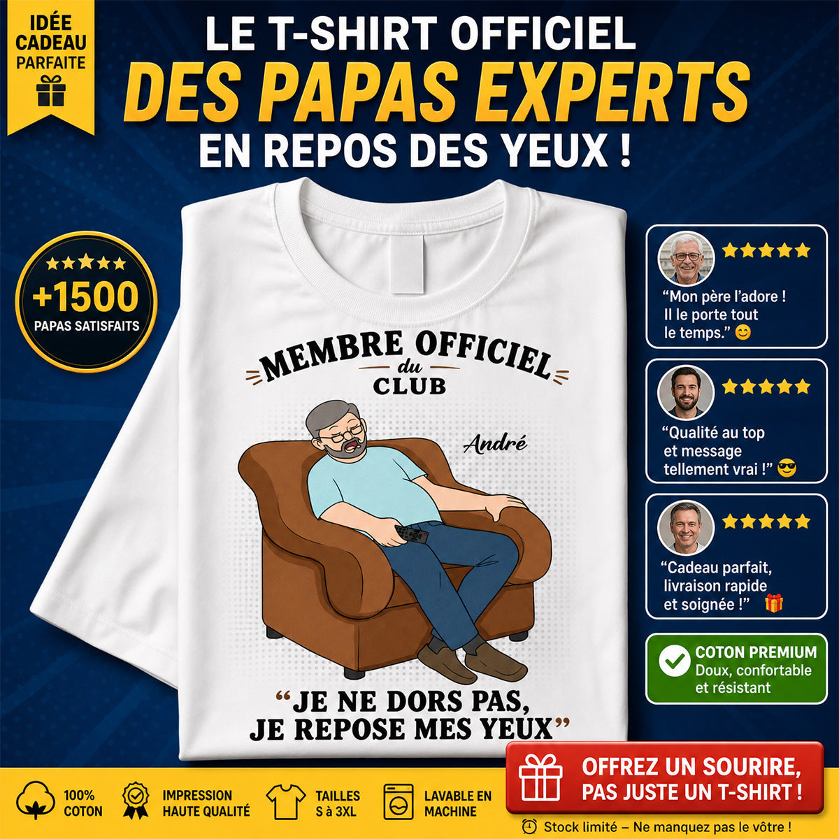 Membre du Club "Je ne dors pas, je repose mes yeux" – T-shirt Personnalisé – Cadeau Rigolo fête des pères pour Papa & Papy