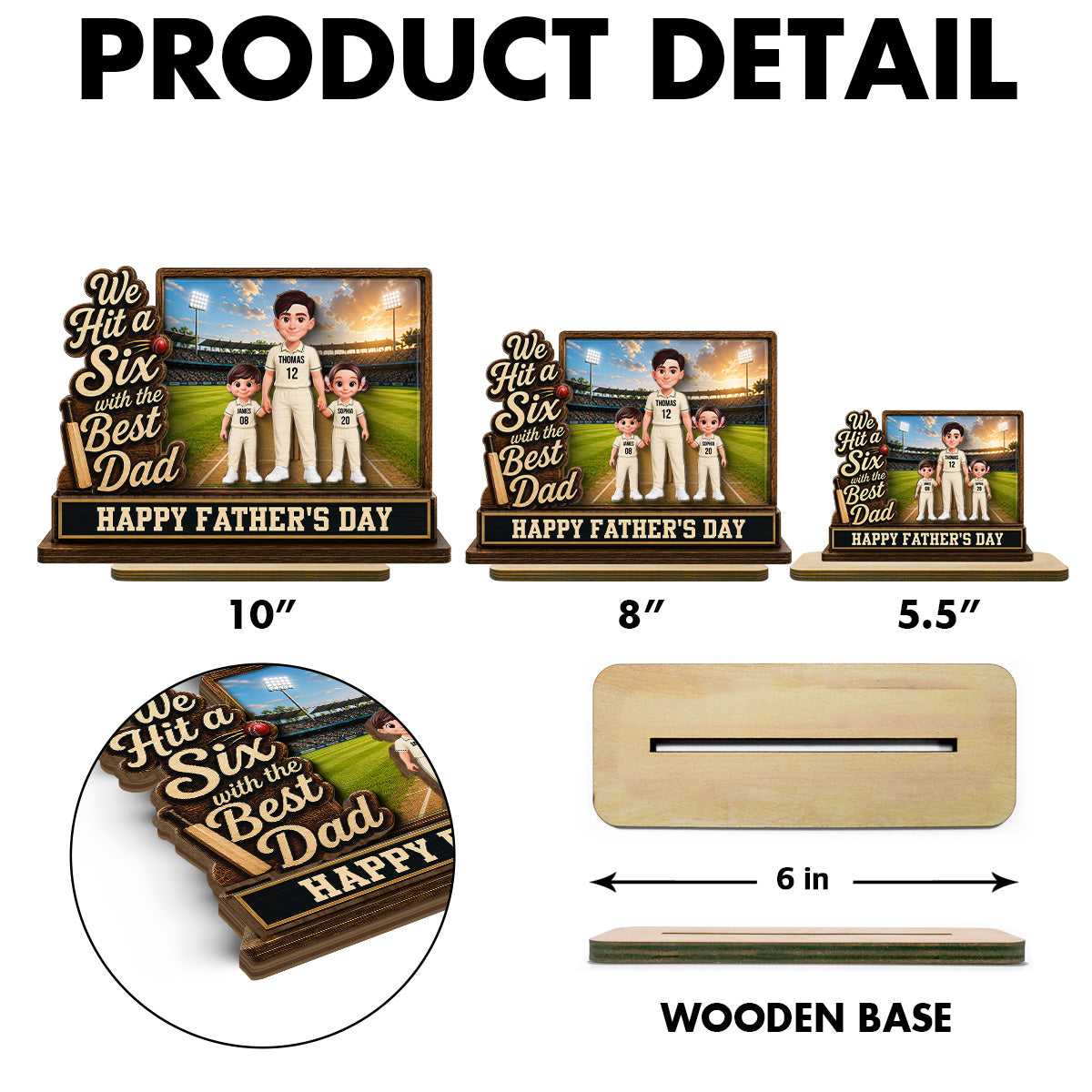 Hit A Six With The Best Dad Cricket Dad & Kids On Field 2D Flat - Personalised 2-Layered Wooden Plaque -  Gift For Husband, Dad