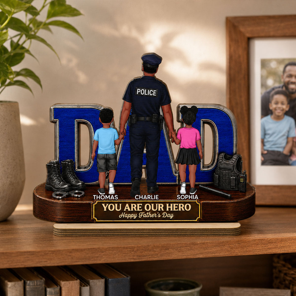 Proud American Police Dad You Are Our Hero - Personalized 2-Layered Wooden Plaque -  Gift For Dad