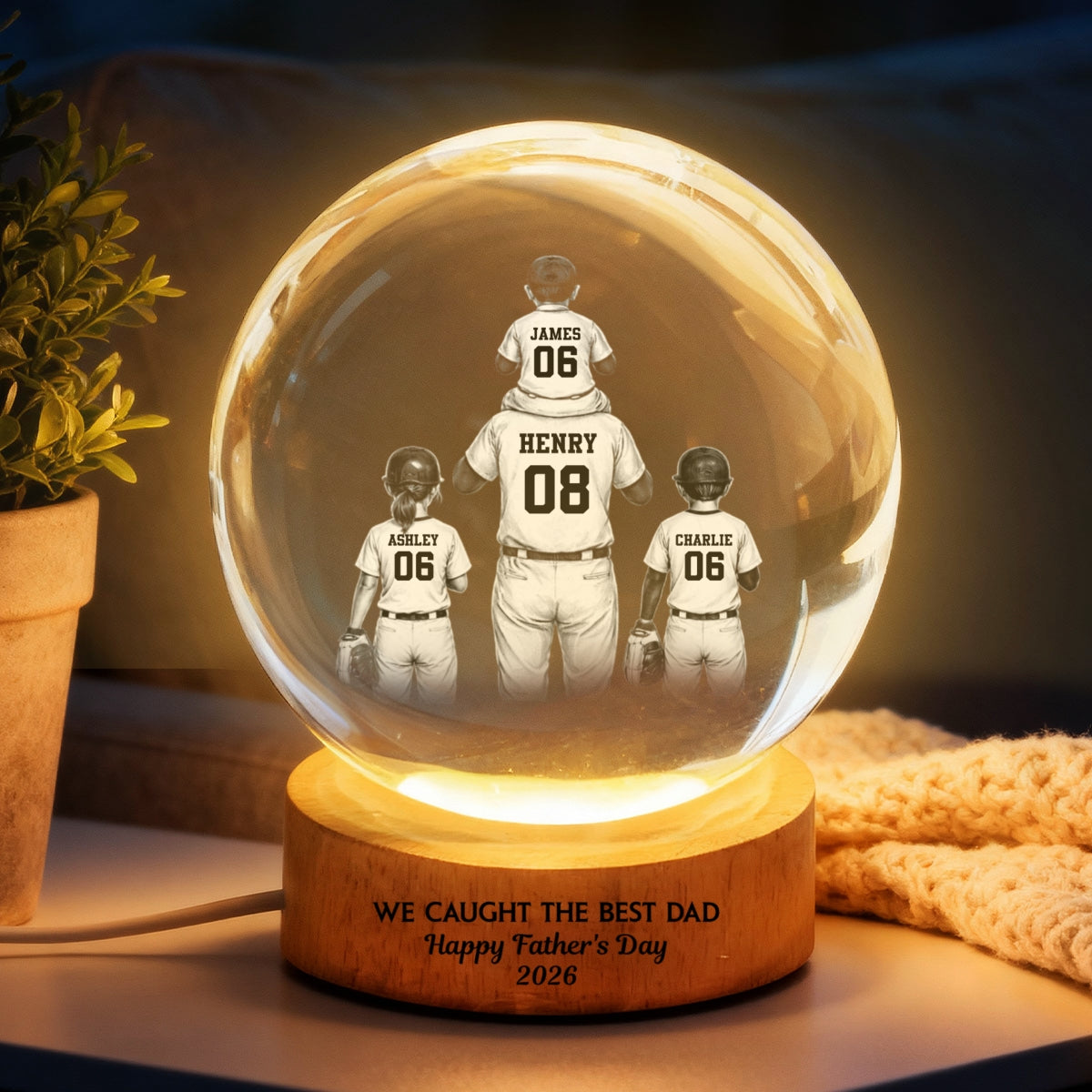We Caught the Best Dad - Personalized Crystal Ball LED Night Light -  Gift for Dad, Husband