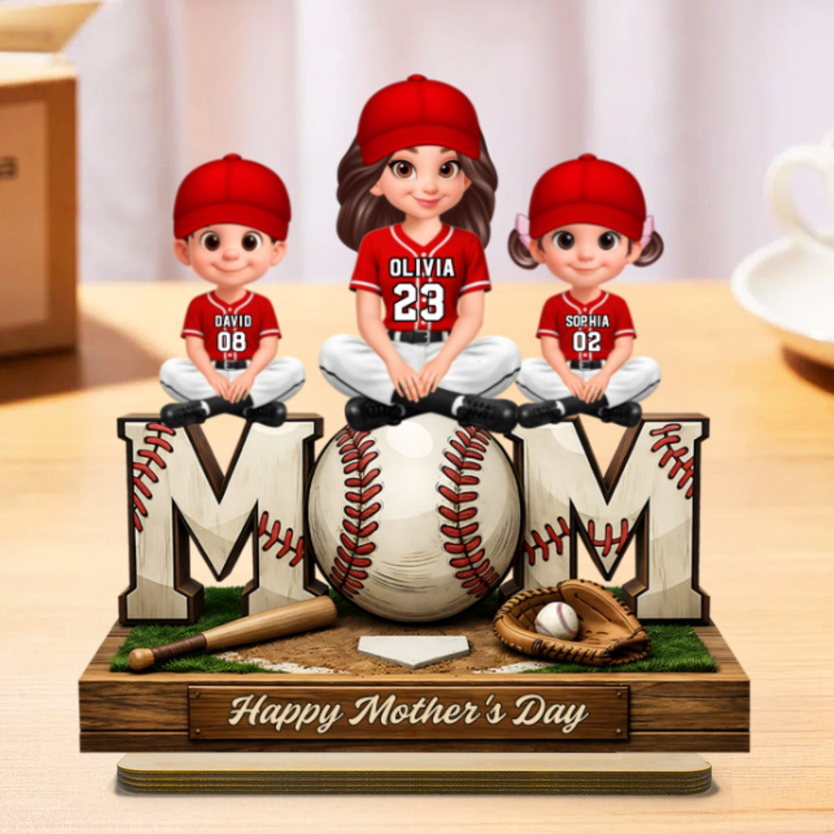 Baseball Mom And Kids Happy Mother's Day - Personalized 2-Layered Wooden Plaque - Mother's Day Gift For Baseball Mom