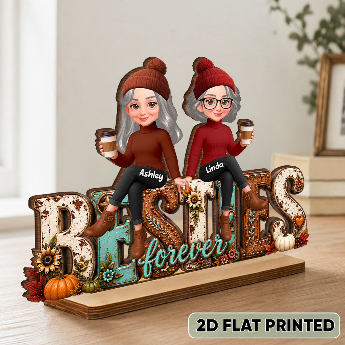 Western Besties Cozy Fall Vibe - Personalized 2-Layered Wooden Plaque - Fall Gift for Best Friends