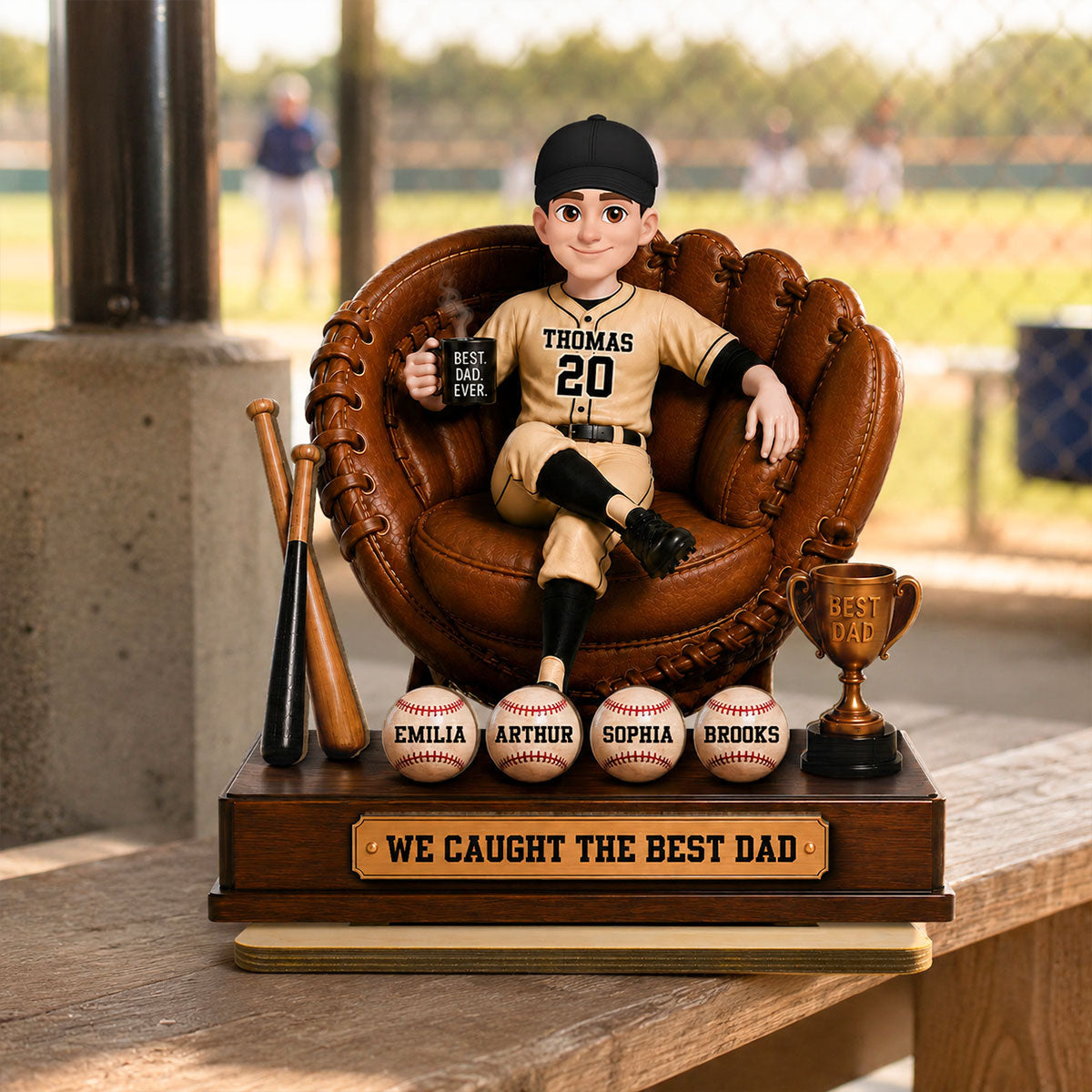 Baseball Dad Sitting On Glove With Kids Names 2D Flat - Personalized Wooden Plaque