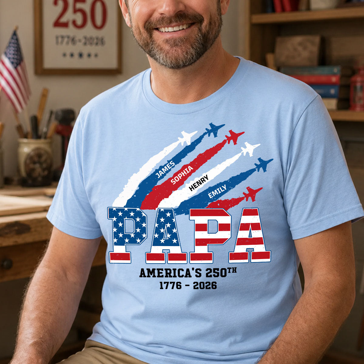 Proud Dad Grandpa Nation Flag American 250th Anniversary Light Color - Personalized Shirt - Gift For Dad, Grandpa