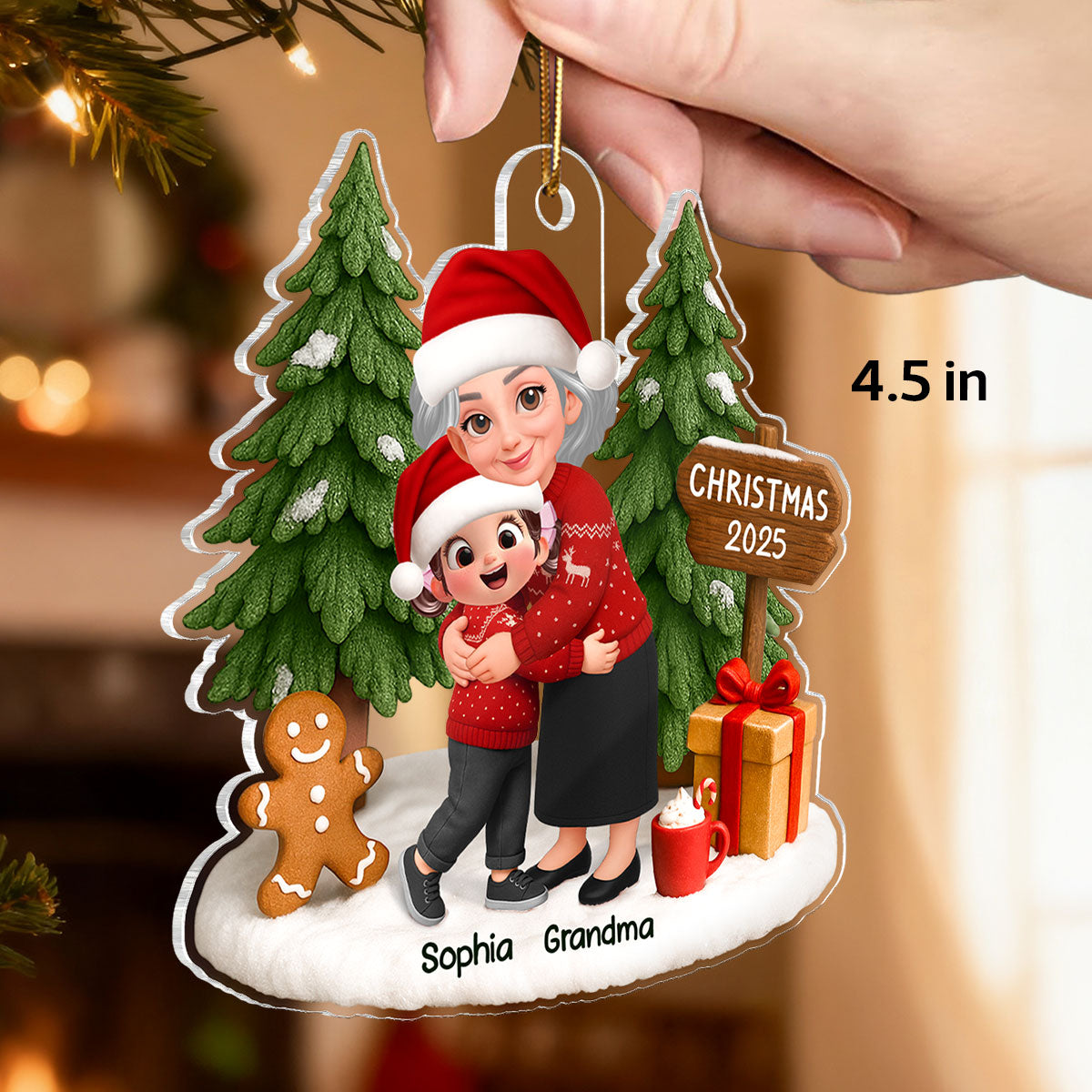 3D Effect Grandma Hugging Grandkid Festive Christmas - Personalized Acrylic Ornament - Gift For Grandkids