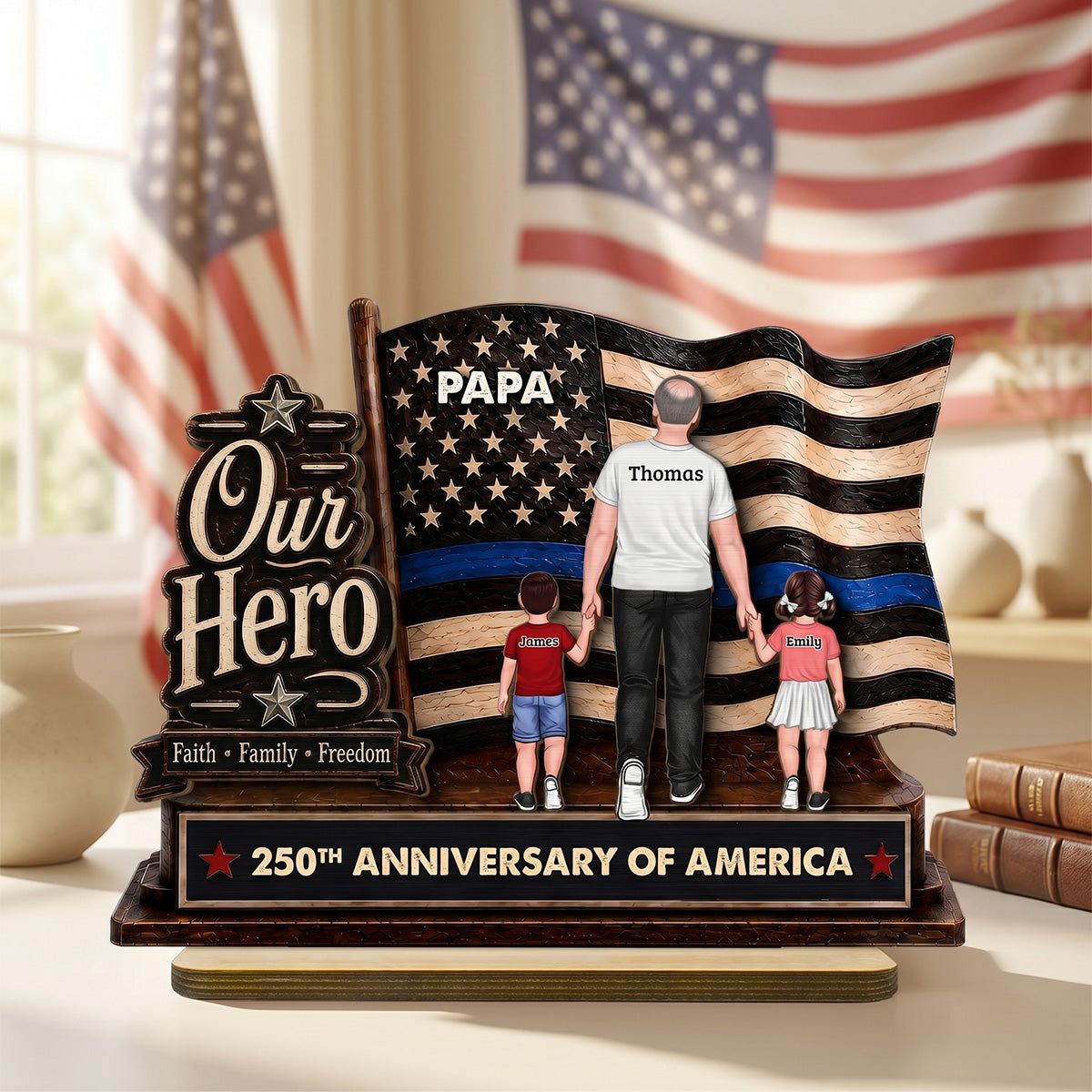 Dad Grandpa Our Hero American Flag 2D Flat - Personalized 2-Layered Wooden Plaque -  Gift For Patriotic Dad, Grandpa, Husband