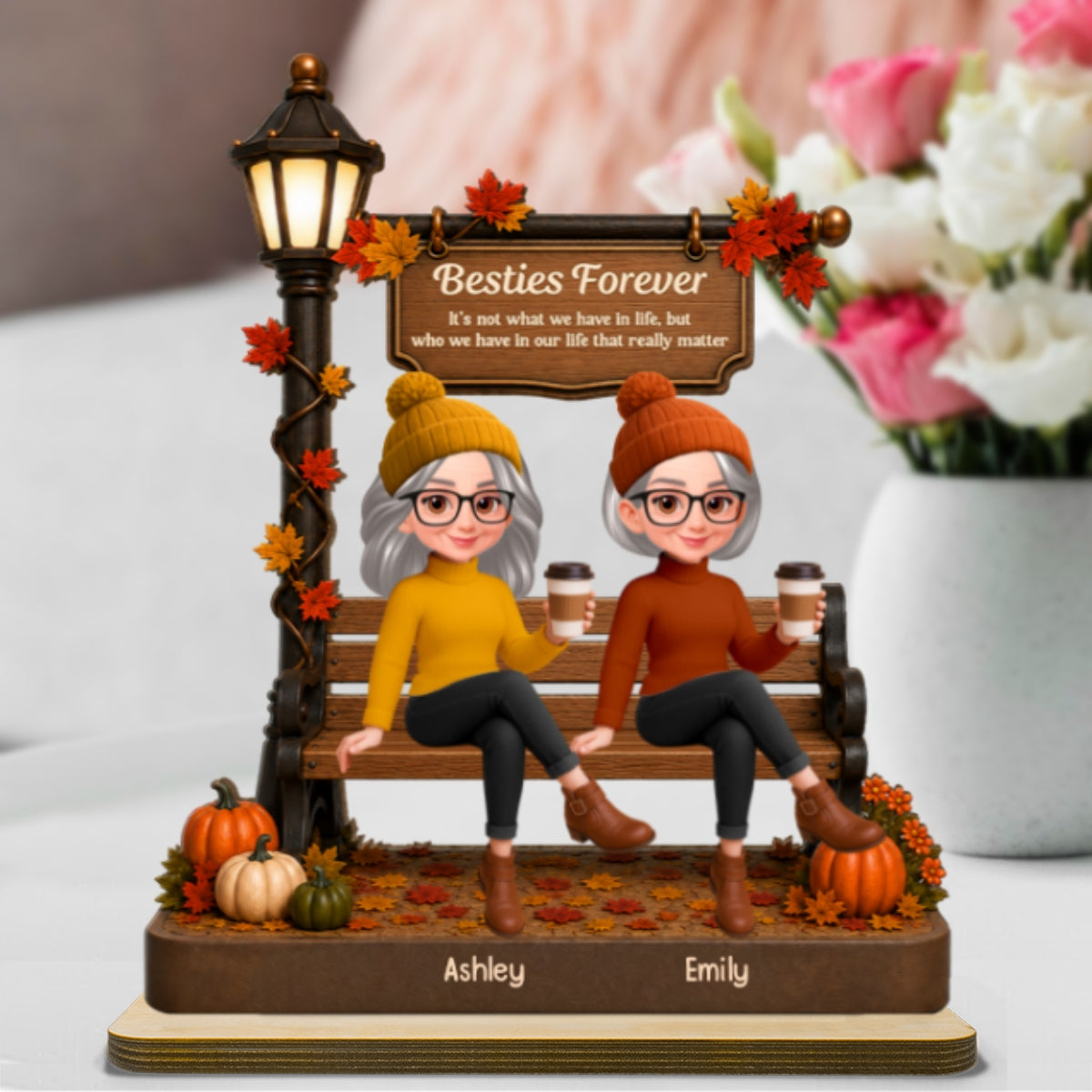 Fall Season Besties Sitting Under Lamp Post - Personalized Wooden Plaque