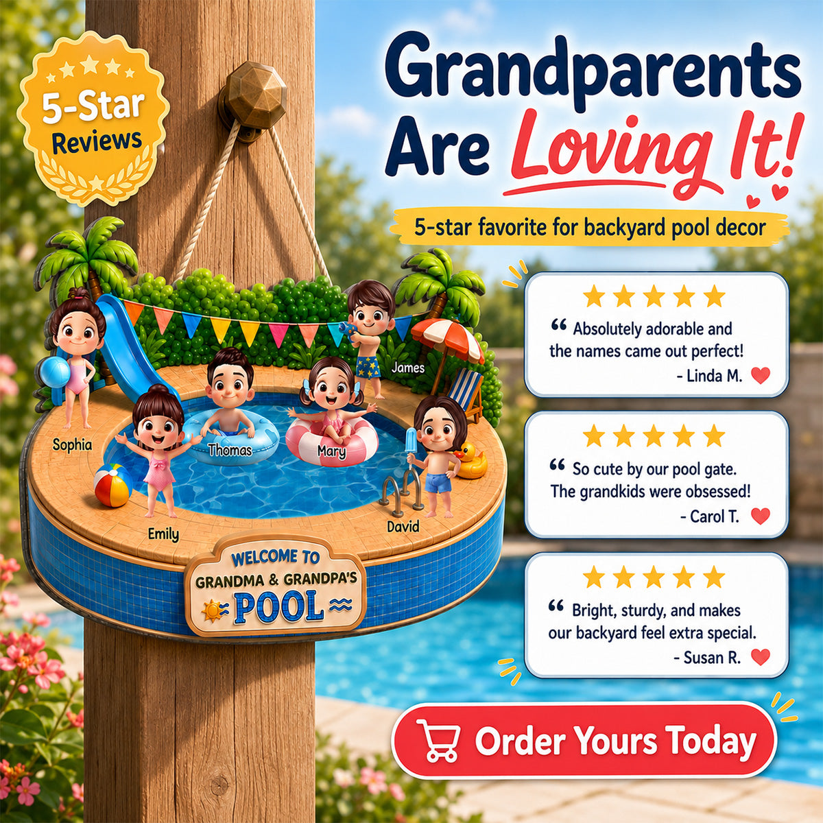 Welcome To Grandma Grandpa Pool Playful Kids 2D Flat - Personalized Wood Sign