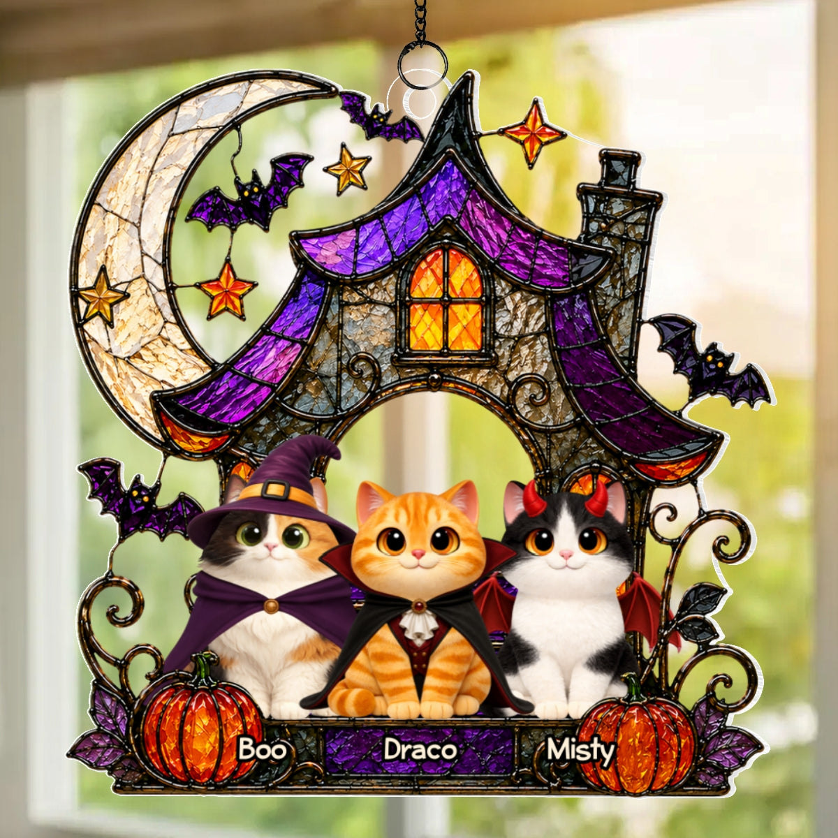 Halloween Haunted House Spooky Cats - Personalized Acrylic Window Hanging - Halloween Gift For Cat Lovers, Halloween Decor