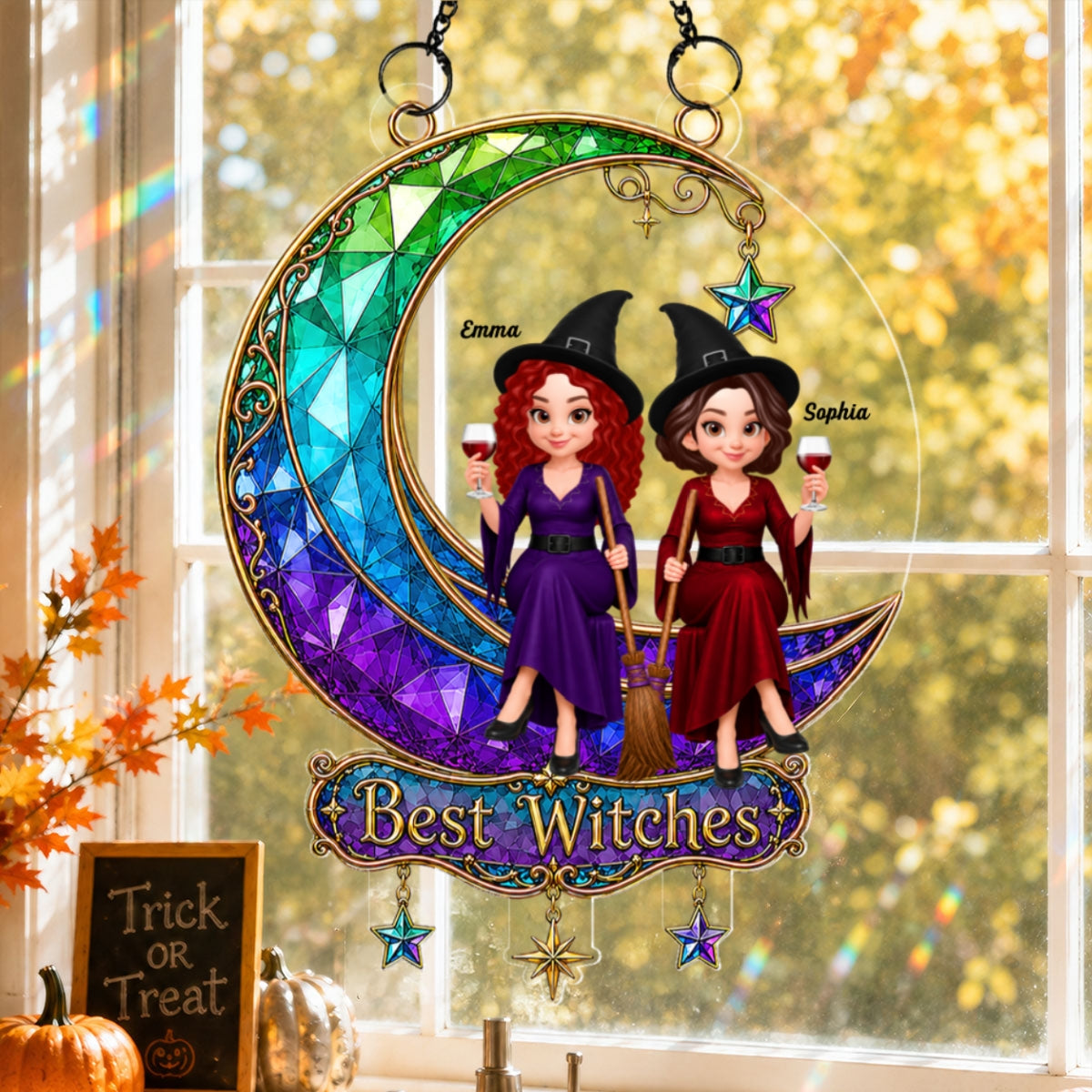 Beautiful Witches Sitting On Moon - Personalized Acrylic Window Hanging - Halloween Decoration For Besties, Girls