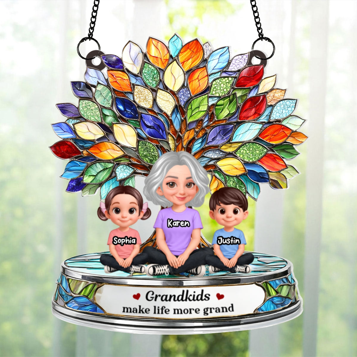Grandkids Make Life More Grand Family Tree - Personalized Acrylic Suncatcher - Heartfelt Mother's Day Gift for Grandma