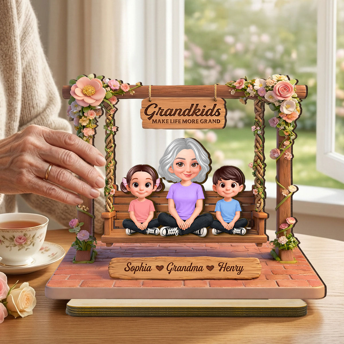 Where Love Gently Swings Grandma Grandkids - Personalized 2-Layered Wooden Plaque - Gift For Grandma