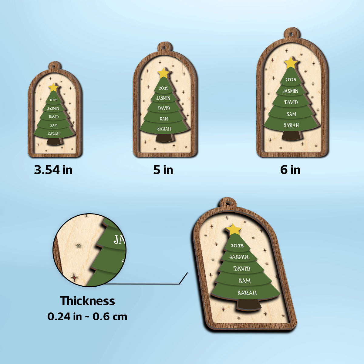Festive Christmas Tree Family Names - Personalized 2-Layered Wooden Ornament