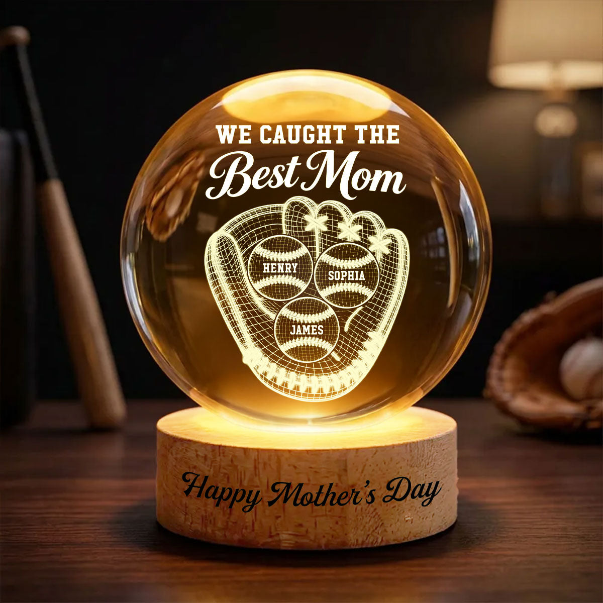 Baseball We Caught The Best Mom Illusion - Personalized Crystal Ball LED Night Light - Mother's Day Gift For Mom, Wife