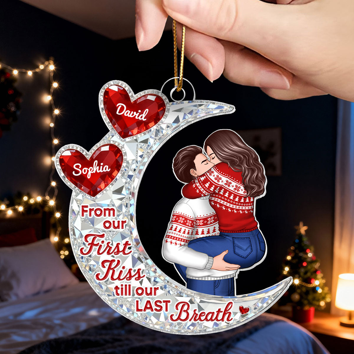 3D Effect Flat Moon Couple Hugging Kissing - Personalized Acrylic Ornament - Gift For Couple, Gift For Him, For Her