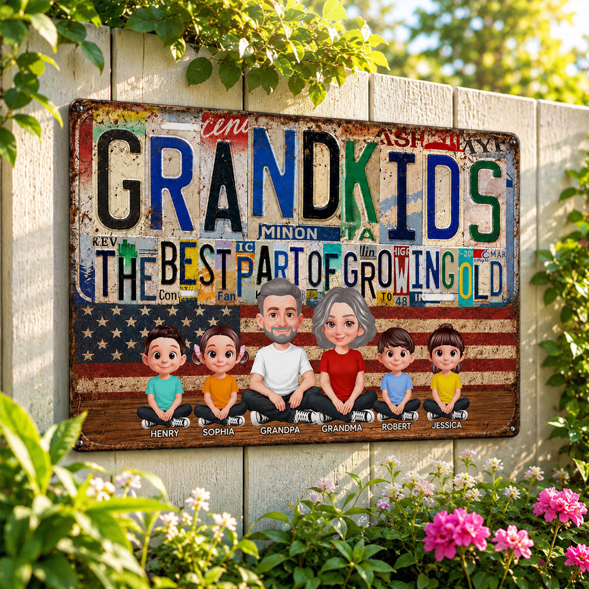 Grandkids Best Part Of Growing Old License Plate Style - Personalized Metal Sign - Gift For Grandparents, Patriotic Rustic Vintage