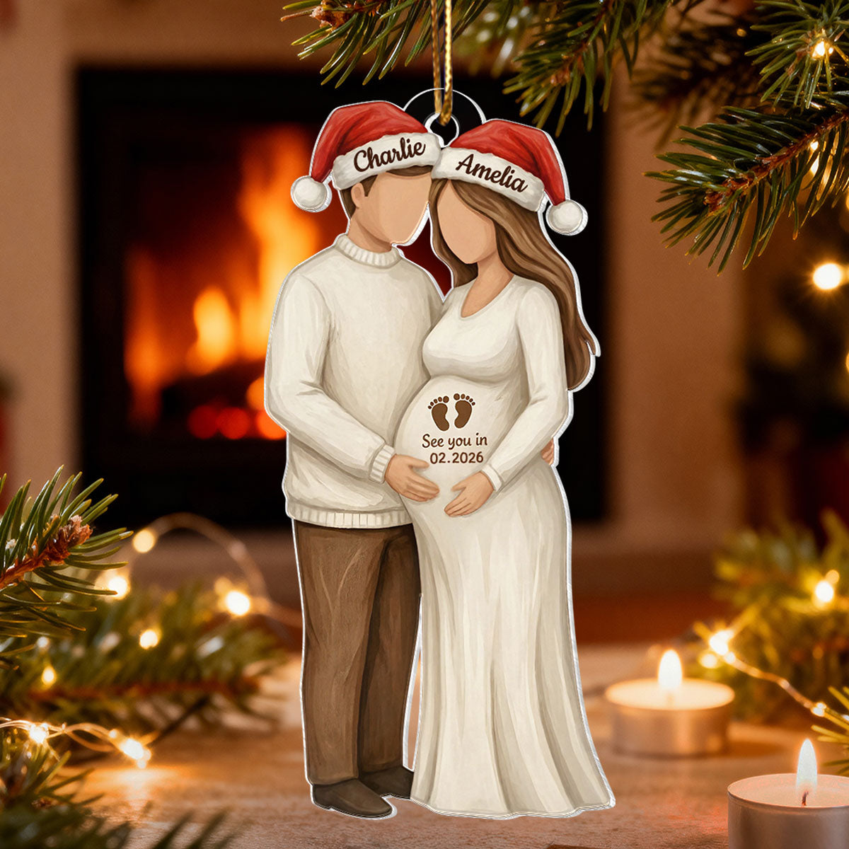 3D Effect Wooden Pregnancy Announcement - Personalized Acrylic Ornament - Heartwarming Christmas Gift For Couple, Family