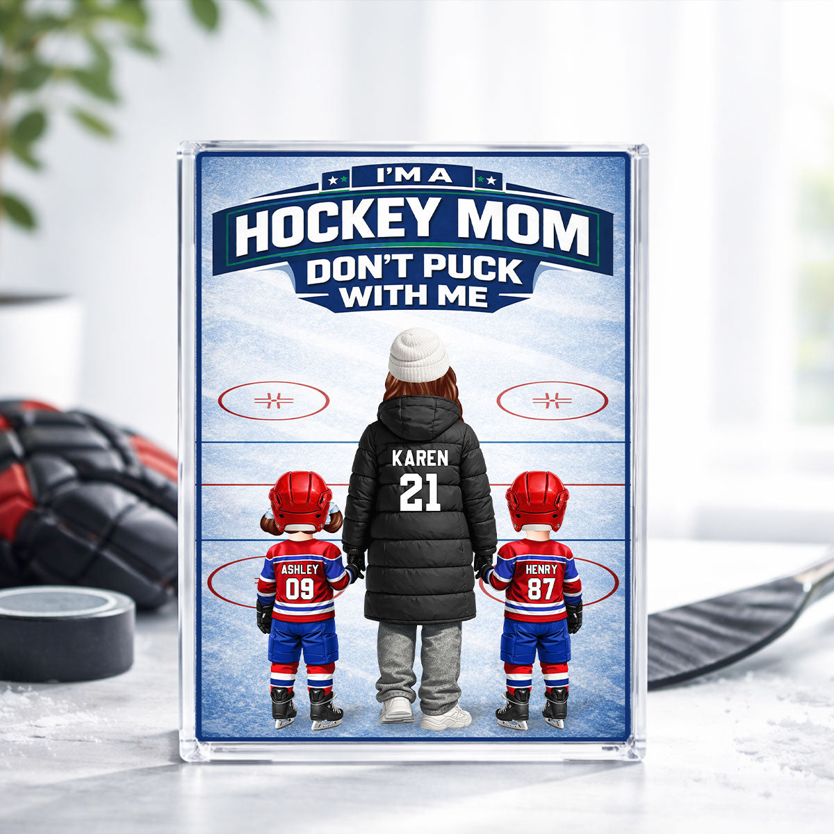 Hockey Mom And Her Kids - Personalized Acrylic Block Plaque - Heartfelt Gift For Hockey Mom