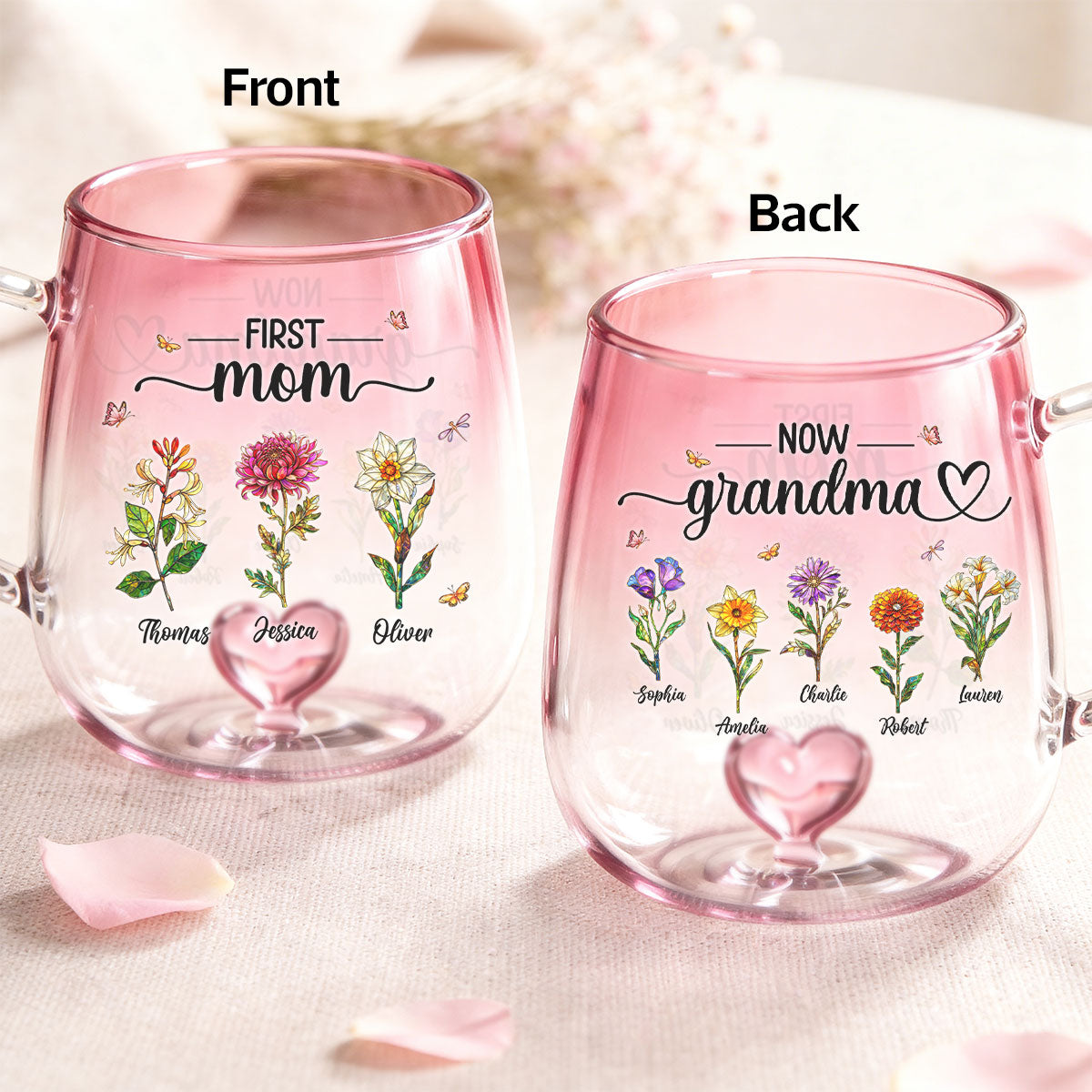 First Mom Now Grandma Custom Birth Flowers - Personalized Glass Mug - Mother's Day Gift for Mom, Grandma