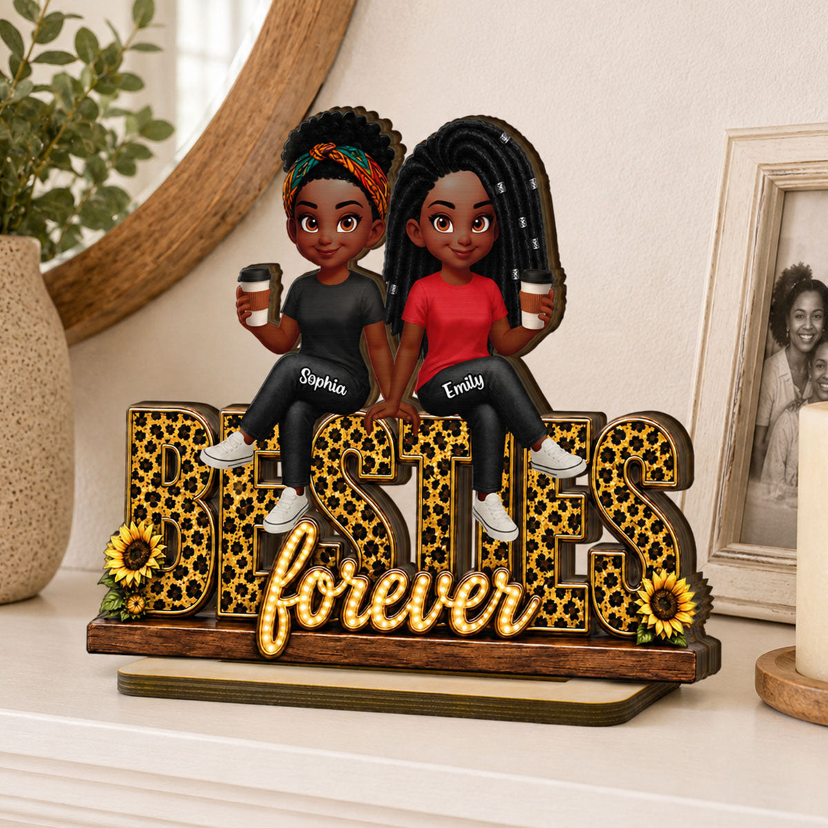 Leopard Style Besties Forever - Personalized 2-Layered Wooden Plaque - Birthday Gift, Gift For Best Friends