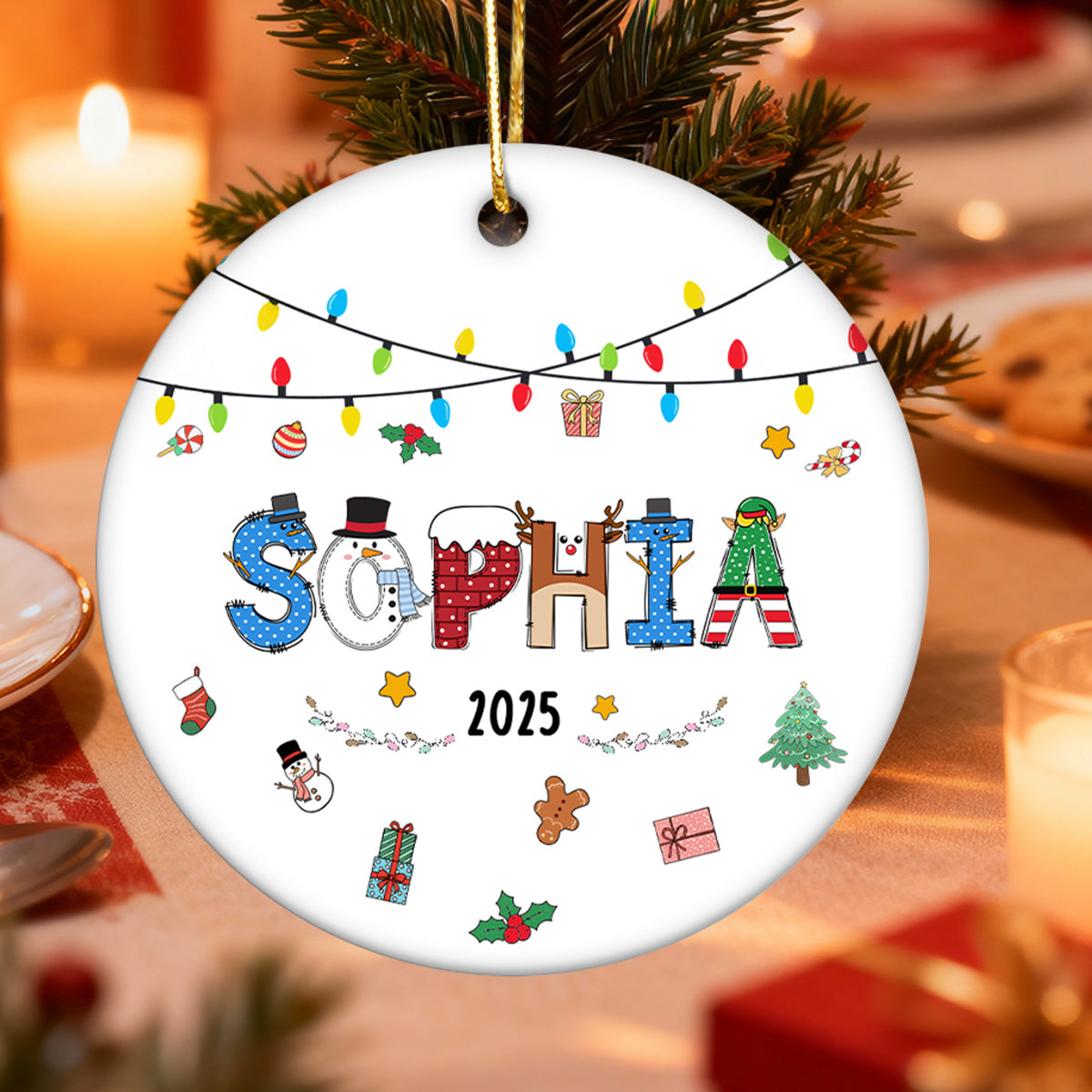 Christmas Theme Kid Name Christmas - Personalized Ceramic Ornament - Gift For Grandchildren, Boy, Girl