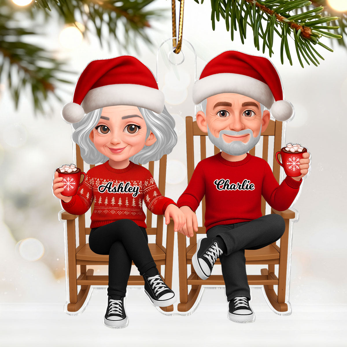 3D Effect Christmas Couple Sitting On Rocking Chair - Personalized Acrylic Ornament - Heartfelt Gift For Couple