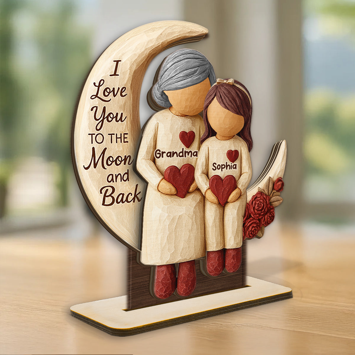 Grandma Grandkids on Moon - Personalized Standing Wooden Plaque - Nostalgia Rustic Home Decor for Grandma
