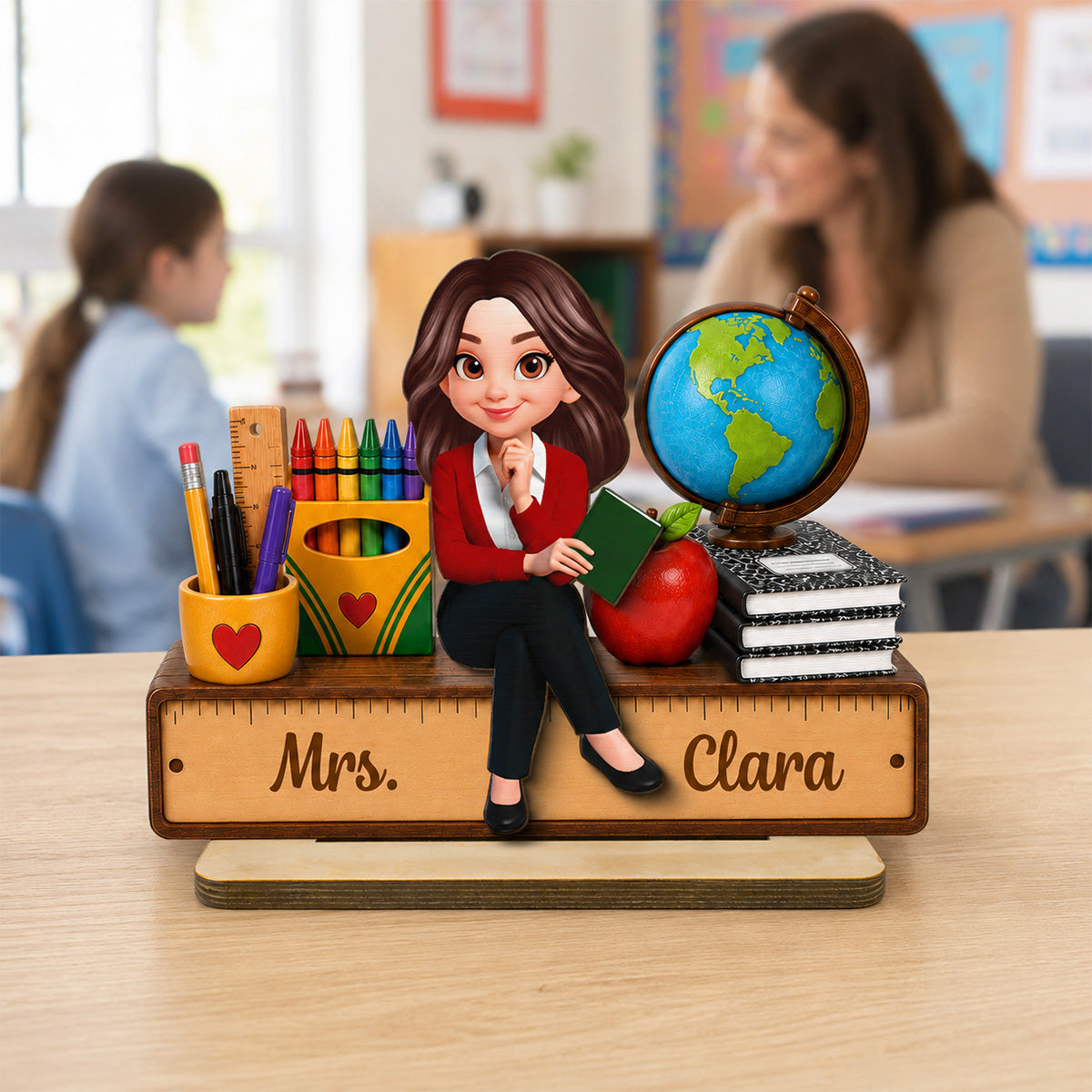 Teacher Sitting With School Supplies 2D Flat - Personalized Wooden Plaque - Back To School Gift For Teacher