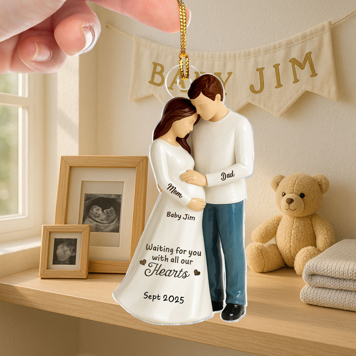 Waiting For You With All Our Hearts 3D Effect Couple Expecting Baby Personalized Flat Acrylic Ornament, Baby Shower Gift For Parents-to-be