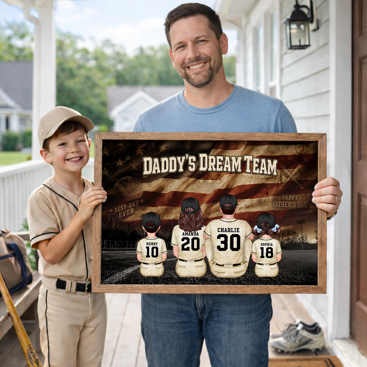 Daddy's Dream Team Baseball Nation Flag Family Sitting - Personalized Poster - Father's Day Gift for Dad, Husband