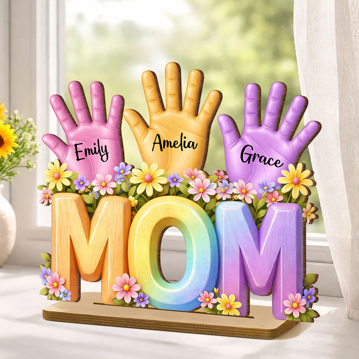 Mom And Kids Hand Print - Personalized 2-Layered Wooden Plaque - Heartfelt Mother's Day Gift for Mom, Wife