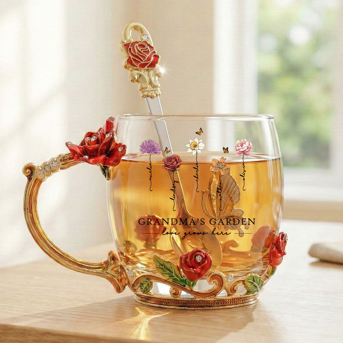 Grandma Garden Custom Birth Month Flowers - Personalized Enamel Flower Tea Cup - Gift For Grandma, Mom