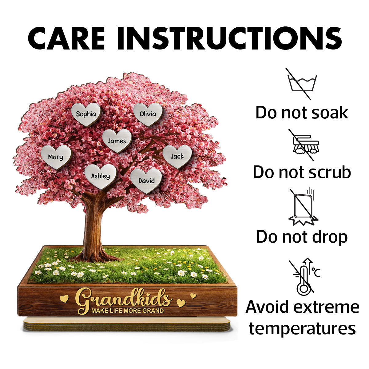 Grandkids Make Life More Grand Family Heart Tree - Personalized 2-Layered Wooden Plaque - Heartfelt Gift for Grandma