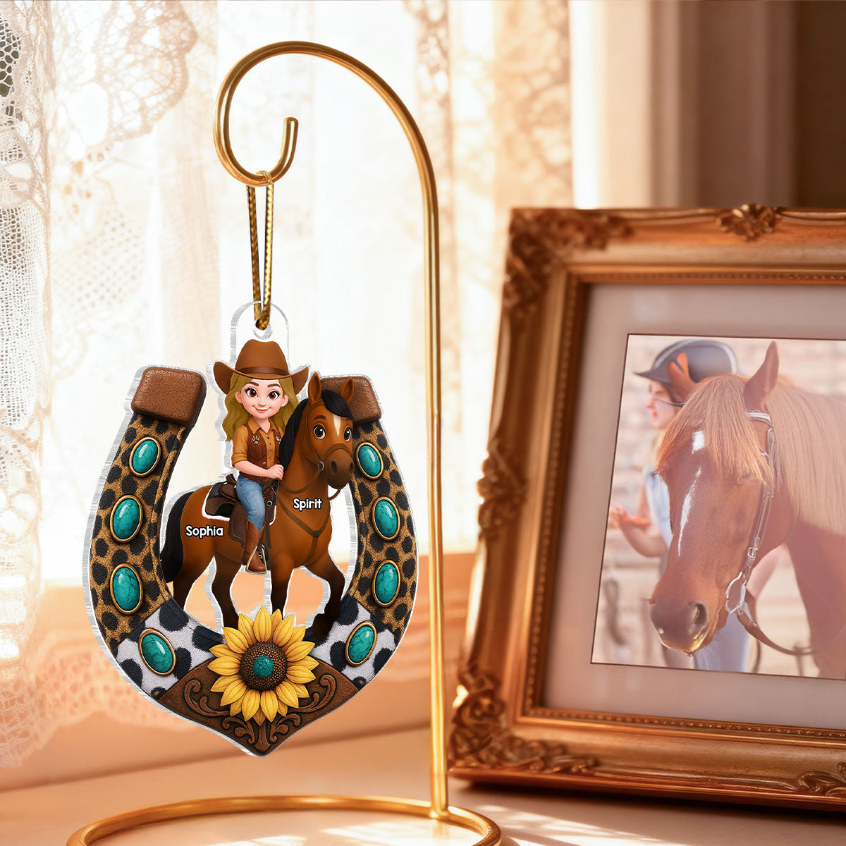 3D Effect Cowgirl And Her Horse Horseshoe - Personalized Acrylic Ornament - Christmas Gift