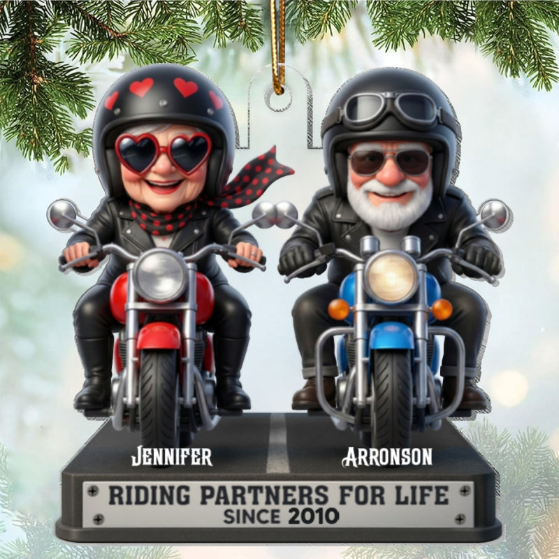 Old Biker Couple Riding Partners for Life - Personalized Acrylic Car Hanger - Sentimental Gift for her, for him