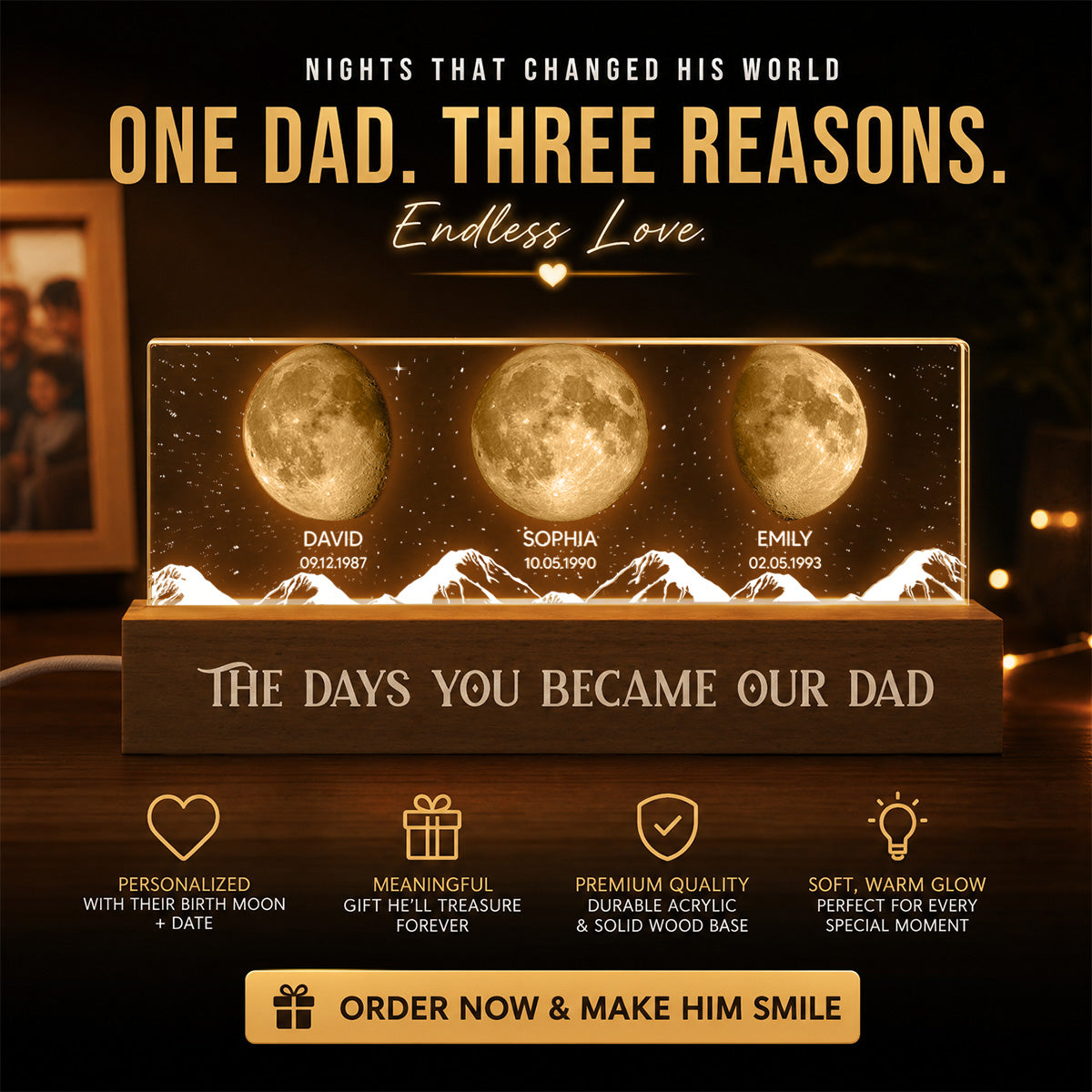 Custom Birth Moon Phase By Date The Days You Became Our Dad - Personalized Acrylic Block LED Night Light - Father's Day Gift For Husband, Dad