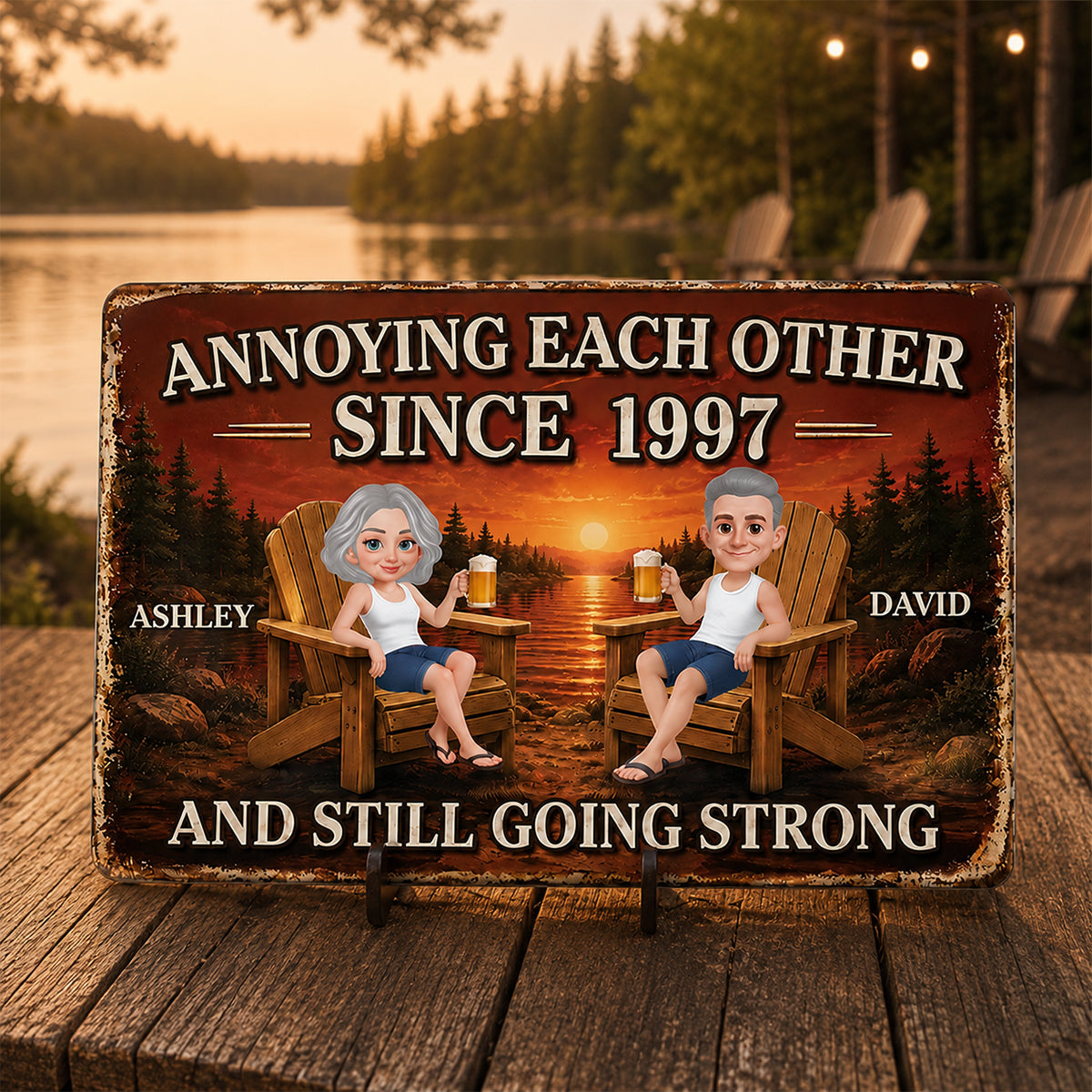 Couple Annoying Each Other Sunset Lake View - Personalized Metal Sign - Anniversary Gift For Couple