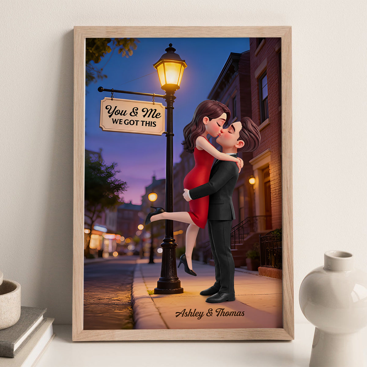 Eternal Love Couple Hugging Kissing Under Street Lamp Post - Personalized Poster - Valentine's Day Gift For Couple