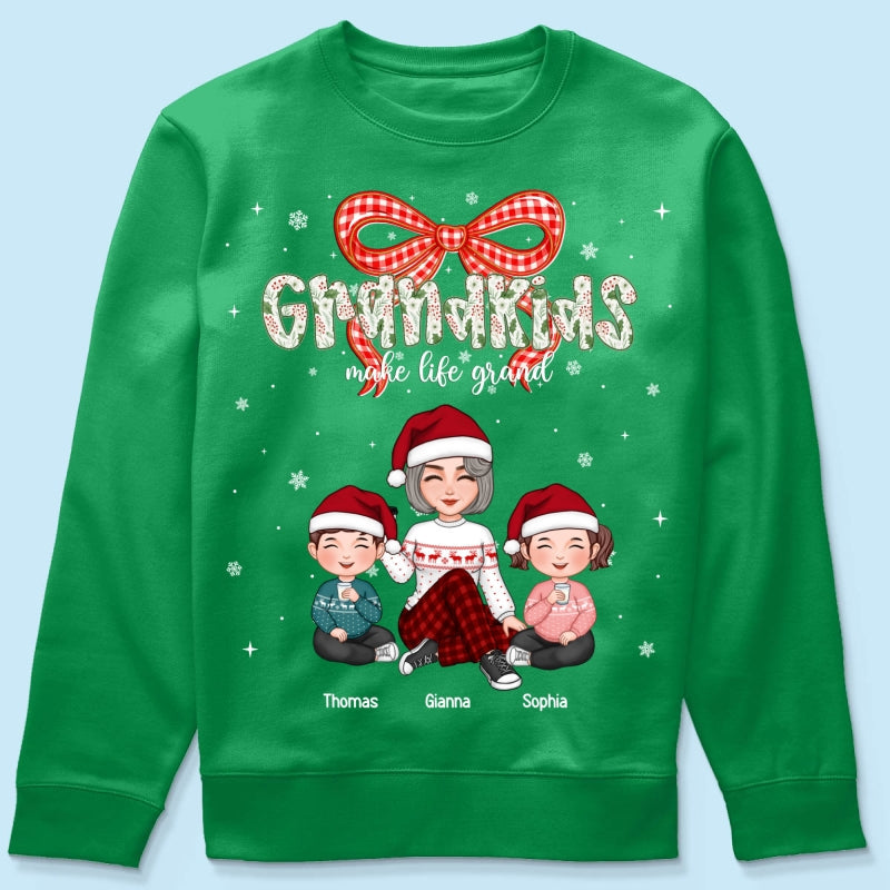 Grandkids Make Life Grand Coquette Floral Christmas Pattern - Personalized Shirt