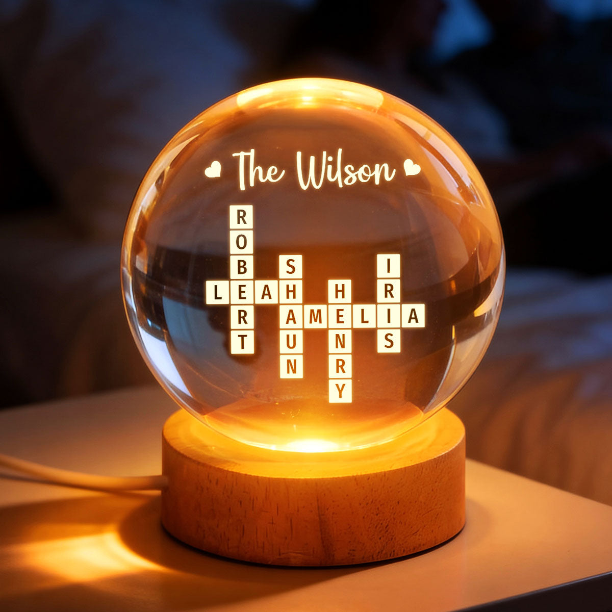 Family Crossword Puzzle Art - Personalized Crystal Ball LED Night Light - Heartfelt Gift For Grandma, Gift For Mom