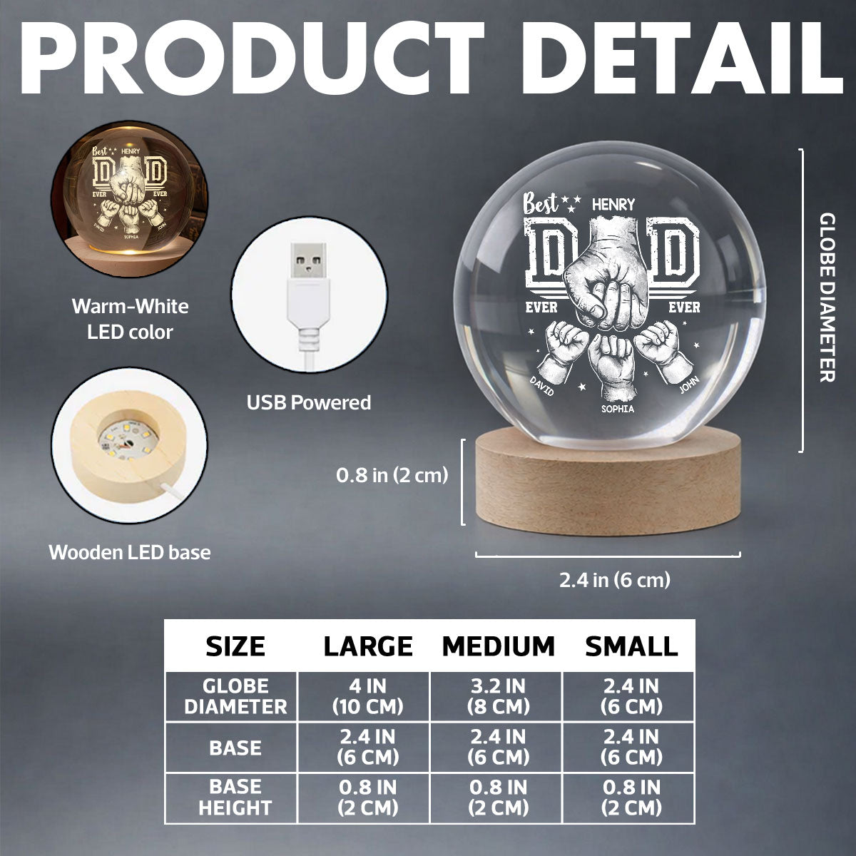 Best Dad Ever - Personalized Crystal Ball LED Night Light - Heartfelt Gift for Dad, Husband