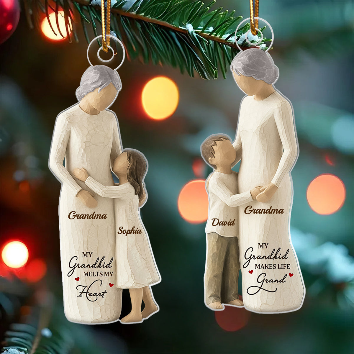 Grandma And Granddaughter Grandson Wooden Figurine - Personalized Acrylic Ornament - Heartwarming Christmas Gift For Grandma, Grandkid, Family