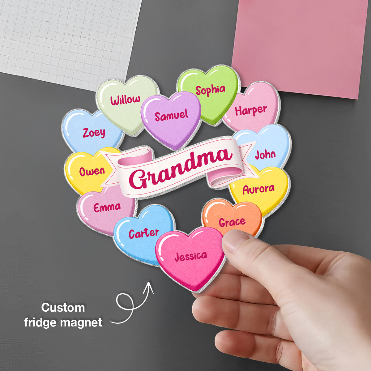 Grandma's Sweethearts Conversation Hearts Grandkids Names Valentine's Day - Personalized Acrylic Fridge Magnet